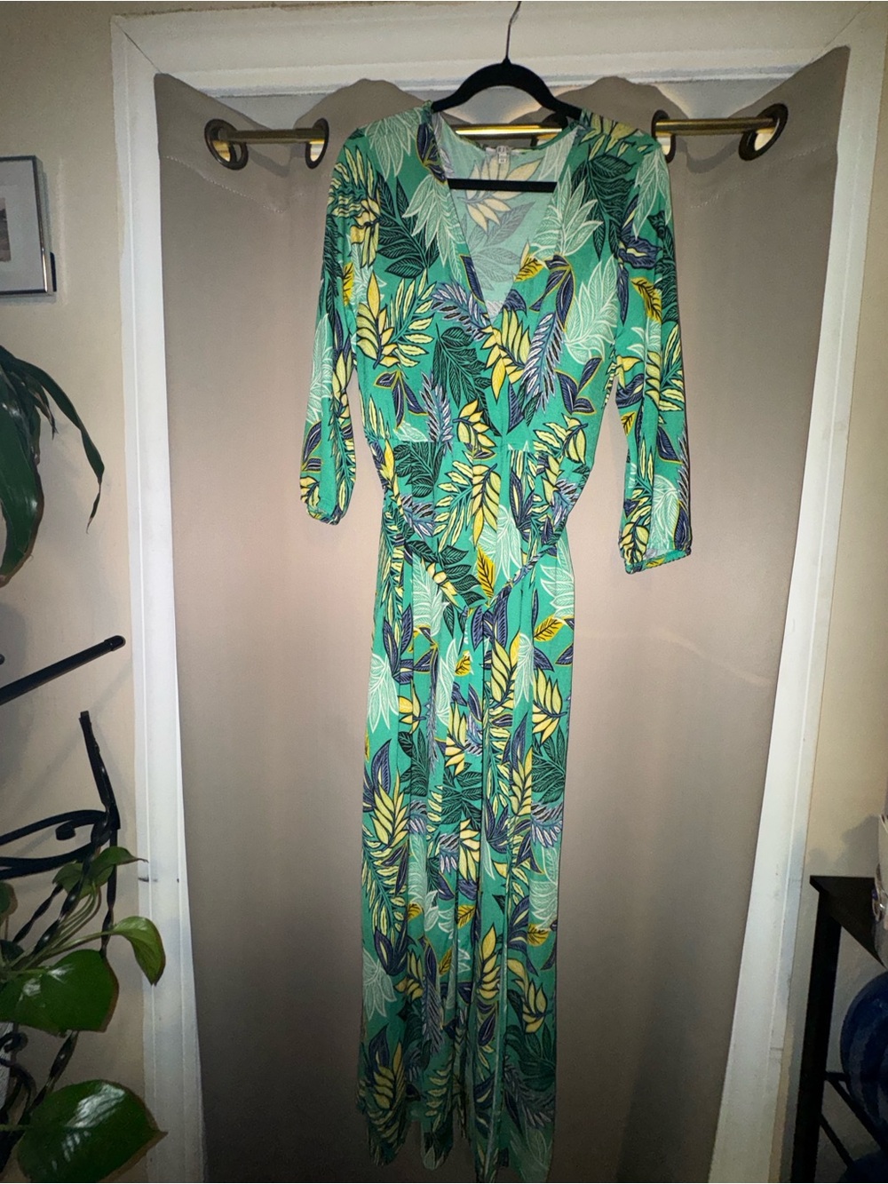 iris Green Tropical Print Wrap Maxi Dress